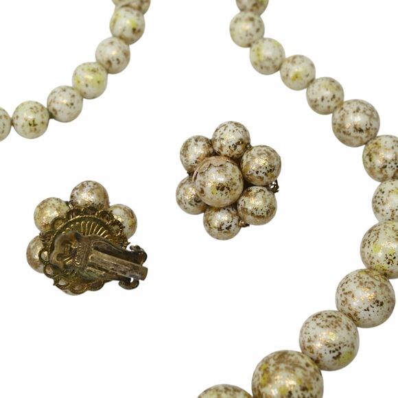 Vintage Necklace Clip On Earring Set Japan White Gold Flecked Beads 26" -Hey Viv - Picture 3 of 7